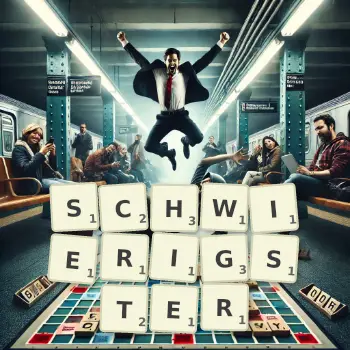 Kreative Illustration für ein Scrabble-Spiel, bei dem das Wort SCHWIERIGSTER mit Steinen auf dem Brett gelegt wurde.