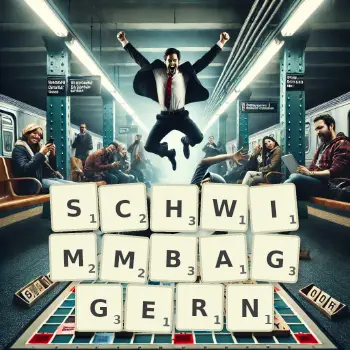 Kreative Illustration für ein Scrabble-Spiel, bei dem das Wort SCHWIMMBAGGERN mit Steinen auf dem Brett gelegt wurde.