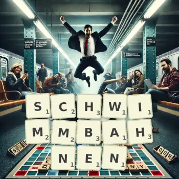 Kreative Illustration für ein Scrabble-Spiel, bei dem das Wort SCHWIMMBAHNEN mit Steinen auf dem Brett gelegt wurde.