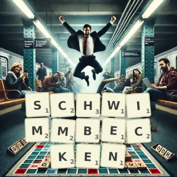 Kreative Illustration für ein Scrabble-Spiel, bei dem das Wort SCHWIMMBECKEN mit Steinen auf dem Brett gelegt wurde.