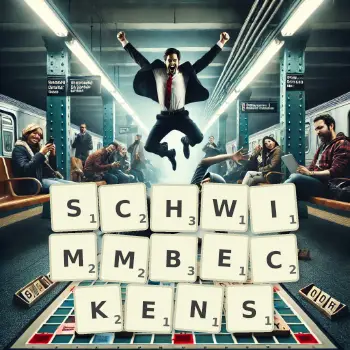 Kreative Illustration für ein Scrabble-Spiel, bei dem das Wort SCHWIMMBECKENS mit Steinen auf dem Brett gelegt wurde.