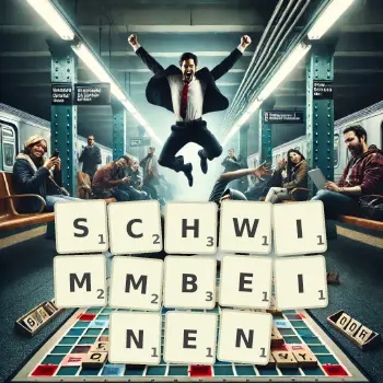 Kreative Illustration für ein Scrabble-Spiel, bei dem das Wort SCHWIMMBEINEN mit Steinen auf dem Brett gelegt wurde.