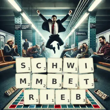 Kreative Illustration für ein Scrabble-Spiel, bei dem das Wort SCHWIMMBETRIEB mit Steinen auf dem Brett gelegt wurde.