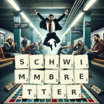 Kreative Illustration für ein Scrabble-Spiel, bei dem das Wort SCHWIMMBRETTER mit Steinen auf dem Brett gelegt wurde.