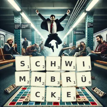 Kreative Illustration für ein Scrabble-Spiel, bei dem das Wort SCHWIMMBRÜCKE mit Steinen auf dem Brett gelegt wurde.
