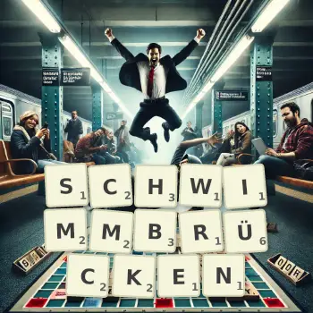 Kreative Illustration für ein Scrabble-Spiel, bei dem das Wort SCHWIMMBRÜCKEN mit Steinen auf dem Brett gelegt wurde.