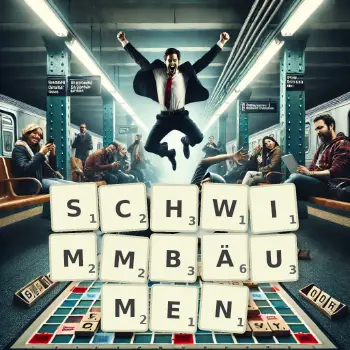 Kreative Illustration für ein Scrabble-Spiel, bei dem das Wort SCHWIMMBÄUMEN mit Steinen auf dem Brett gelegt wurde.