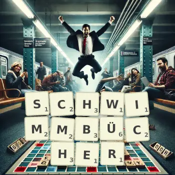 Kreative Illustration für ein Scrabble-Spiel, bei dem das Wort SCHWIMMBÜCHER mit Steinen auf dem Brett gelegt wurde.
