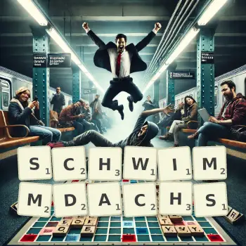 Kreative Illustration für ein Scrabble-Spiel, bei dem das Wort SCHWIMMDACHS mit Steinen auf dem Brett gelegt wurde.