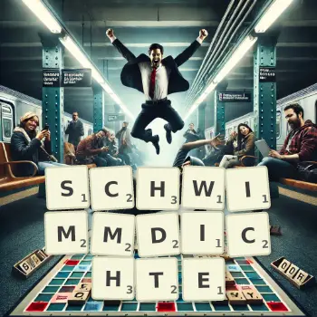 Kreative Illustration für ein Scrabble-Spiel, bei dem das Wort SCHWIMMDICHTE mit Steinen auf dem Brett gelegt wurde.