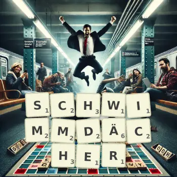 Kreative Illustration für ein Scrabble-Spiel, bei dem das Wort SCHWIMMDÄCHER mit Steinen auf dem Brett gelegt wurde.