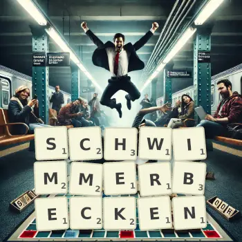 Kreative Illustration für ein Scrabble-Spiel, bei dem das Wort SCHWIMMERBECKEN mit Steinen auf dem Brett gelegt wurde.