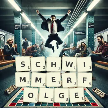 Kreative Illustration für ein Scrabble-Spiel, bei dem das Wort SCHWIMMERFOLGE mit Steinen auf dem Brett gelegt wurde.