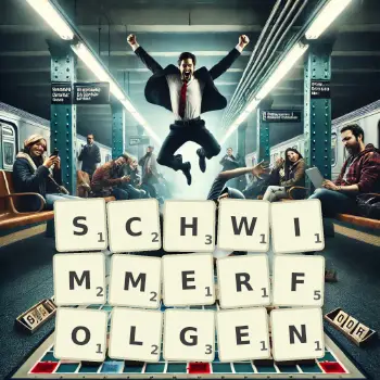 Kreative Illustration für ein Scrabble-Spiel, bei dem das Wort SCHWIMMERFOLGEN mit Steinen auf dem Brett gelegt wurde.