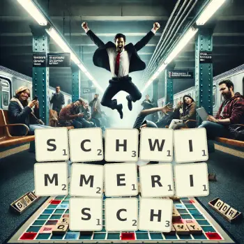 Kreative Illustration für ein Scrabble-Spiel, bei dem das Wort SCHWIMMERISCH mit Steinen auf dem Brett gelegt wurde.