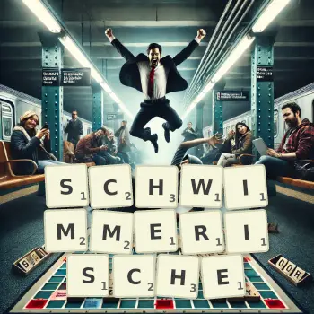 Kreative Illustration für ein Scrabble-Spiel, bei dem das Wort SCHWIMMERISCHE mit Steinen auf dem Brett gelegt wurde.