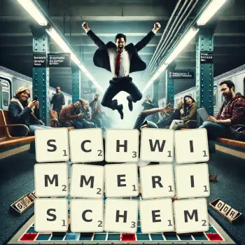 Kreative Illustration für ein Scrabble-Spiel, bei dem das Wort SCHWIMMERISCHEM mit Steinen auf dem Brett gelegt wurde.