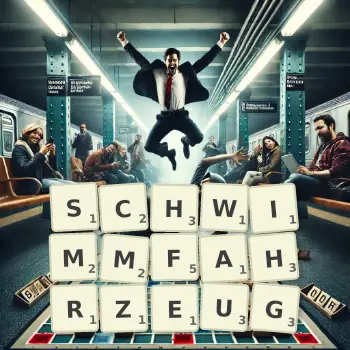 Kreative Illustration für ein Scrabble-Spiel, bei dem das Wort SCHWIMMFAHRZEUG mit Steinen auf dem Brett gelegt wurde.
