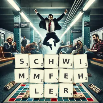 Kreative Illustration für ein Scrabble-Spiel, bei dem das Wort SCHWIMMFEHLER mit Steinen auf dem Brett gelegt wurde.