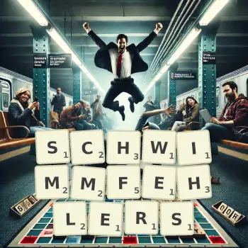 Kreative Illustration für ein Scrabble-Spiel, bei dem das Wort SCHWIMMFEHLERS mit Steinen auf dem Brett gelegt wurde.