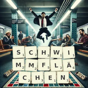 Kreative Illustration für ein Scrabble-Spiel, bei dem das Wort SCHWIMMFLÄCHEN mit Steinen auf dem Brett gelegt wurde.