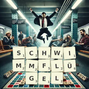 Kreative Illustration für ein Scrabble-Spiel, bei dem das Wort SCHWIMMFLÜGEL mit Steinen auf dem Brett gelegt wurde.