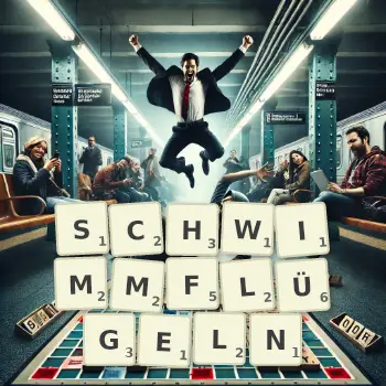 Kreative Illustration für ein Scrabble-Spiel, bei dem das Wort SCHWIMMFLÜGELN mit Steinen auf dem Brett gelegt wurde.