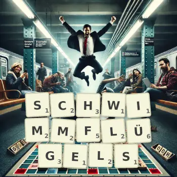 Kreative Illustration für ein Scrabble-Spiel, bei dem das Wort SCHWIMMFLÜGELS mit Steinen auf dem Brett gelegt wurde.