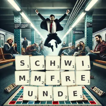 Kreative Illustration für ein Scrabble-Spiel, bei dem das Wort SCHWIMMFREUNDE mit Steinen auf dem Brett gelegt wurde.