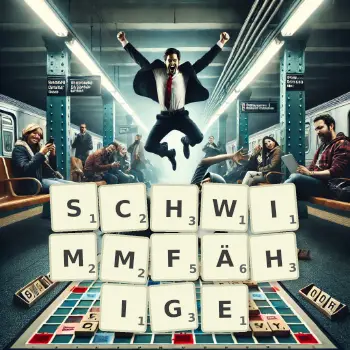 Kreative Illustration für ein Scrabble-Spiel, bei dem das Wort SCHWIMMFÄHIGE mit Steinen auf dem Brett gelegt wurde.