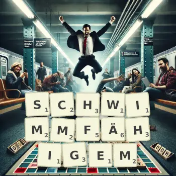 Kreative Illustration für ein Scrabble-Spiel, bei dem das Wort SCHWIMMFÄHIGEM mit Steinen auf dem Brett gelegt wurde.