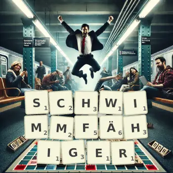 Kreative Illustration für ein Scrabble-Spiel, bei dem das Wort SCHWIMMFÄHIGER mit Steinen auf dem Brett gelegt wurde.