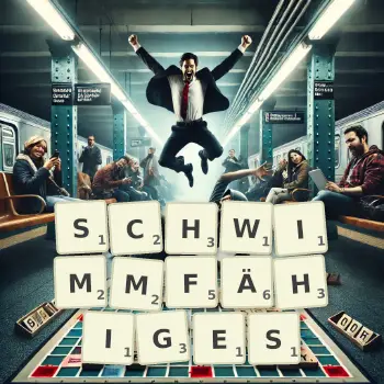 Kreative Illustration für ein Scrabble-Spiel, bei dem das Wort SCHWIMMFÄHIGES mit Steinen auf dem Brett gelegt wurde.