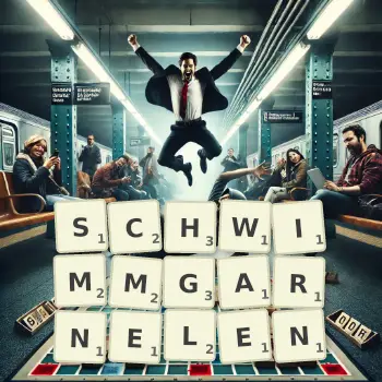 Kreative Illustration für ein Scrabble-Spiel, bei dem das Wort SCHWIMMGARNELEN mit Steinen auf dem Brett gelegt wurde.