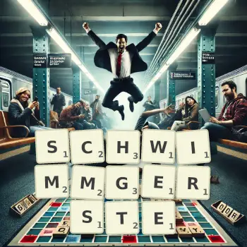 Kreative Illustration für ein Scrabble-Spiel, bei dem das Wort SCHWIMMGERSTE mit Steinen auf dem Brett gelegt wurde.