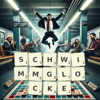 Kreative Illustration für ein Scrabble-Spiel, bei dem das Wort SCHWIMMGLOCKE mit Steinen auf dem Brett gelegt wurde.