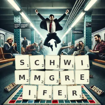 Kreative Illustration für ein Scrabble-Spiel, bei dem das Wort SCHWIMMGREIFER mit Steinen auf dem Brett gelegt wurde.