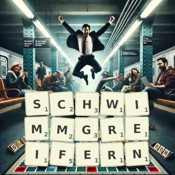 Kreative Illustration für ein Scrabble-Spiel, bei dem das Wort SCHWIMMGREIFERN mit Steinen auf dem Brett gelegt wurde.