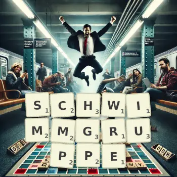 Kreative Illustration für ein Scrabble-Spiel, bei dem das Wort SCHWIMMGRUPPE mit Steinen auf dem Brett gelegt wurde.