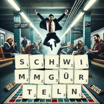 Kreative Illustration für ein Scrabble-Spiel, bei dem das Wort SCHWIMMGÜRTELN mit Steinen auf dem Brett gelegt wurde.