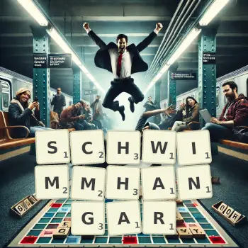 Kreative Illustration für ein Scrabble-Spiel, bei dem das Wort SCHWIMMHANGAR mit Steinen auf dem Brett gelegt wurde.