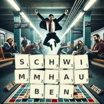 Kreative Illustration für ein Scrabble-Spiel, bei dem das Wort SCHWIMMHAUBEN mit Steinen auf dem Brett gelegt wurde.