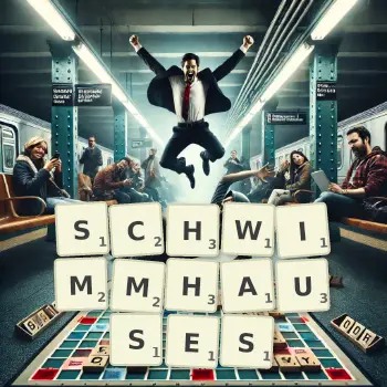 Kreative Illustration für ein Scrabble-Spiel, bei dem das Wort SCHWIMMHAUSES mit Steinen auf dem Brett gelegt wurde.