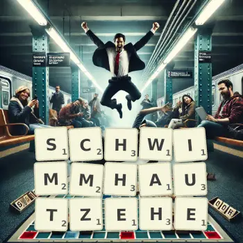 Kreative Illustration für ein Scrabble-Spiel, bei dem das Wort SCHWIMMHAUTZEHE mit Steinen auf dem Brett gelegt wurde.