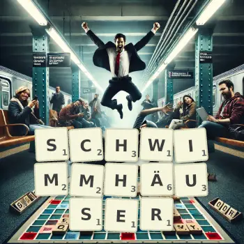 Kreative Illustration für ein Scrabble-Spiel, bei dem das Wort SCHWIMMHÄUSER mit Steinen auf dem Brett gelegt wurde.