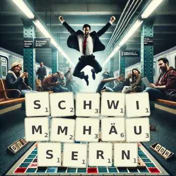Kreative Illustration für ein Scrabble-Spiel, bei dem das Wort SCHWIMMHÄUSERN mit Steinen auf dem Brett gelegt wurde.