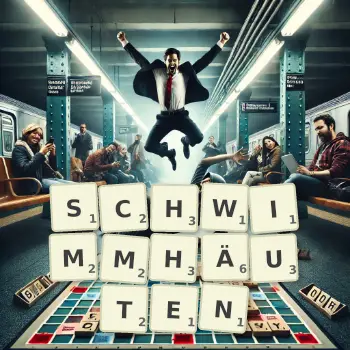 Kreative Illustration für ein Scrabble-Spiel, bei dem das Wort SCHWIMMHÄUTEN mit Steinen auf dem Brett gelegt wurde.