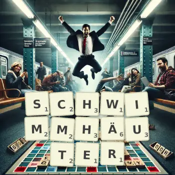 Kreative Illustration für ein Scrabble-Spiel, bei dem das Wort SCHWIMMHÄUTER mit Steinen auf dem Brett gelegt wurde.