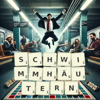 Kreative Illustration für ein Scrabble-Spiel, bei dem das Wort SCHWIMMHÄUTERN mit Steinen auf dem Brett gelegt wurde.