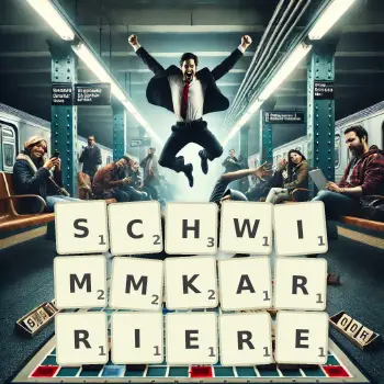 Kreative Illustration für ein Scrabble-Spiel, bei dem das Wort SCHWIMMKARRIERE mit Steinen auf dem Brett gelegt wurde.